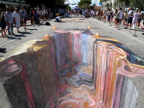 3D Street Art is created by painting, chalking or drawing a horizontal surface f