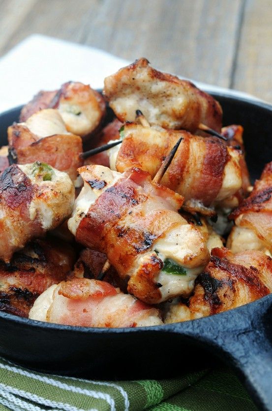 Bacon-Wrapped Jalapeno Chicken Bites  Maybe replace cheese with tomato or avocad