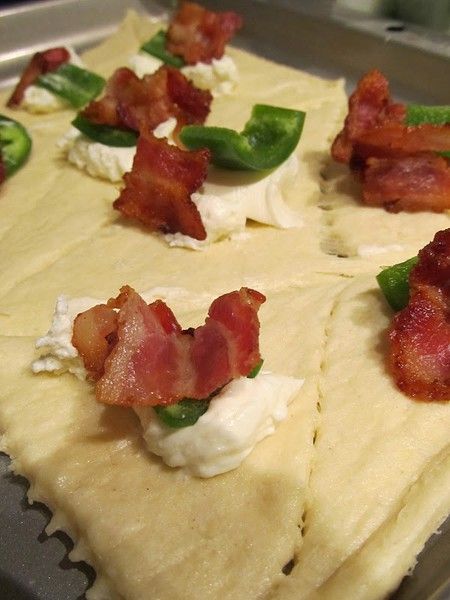 Bacon, Cream Cheese, Jalapeno and Crescent rolls…great game day appetizer…