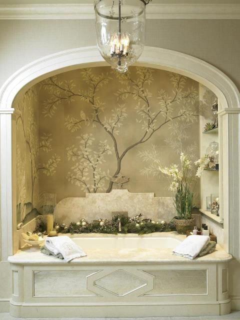 Bath alcove w arch and wallpaper/mural, shelves,  marble surround and splash