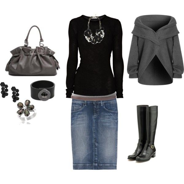 Black t-shirt, jeans skirt, tall black boots, grey cardigan, grey purse and acce