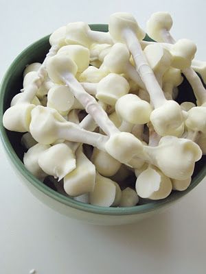 Bones for halloween – pretzels w/ marshmallows on each end dipped in white choc!