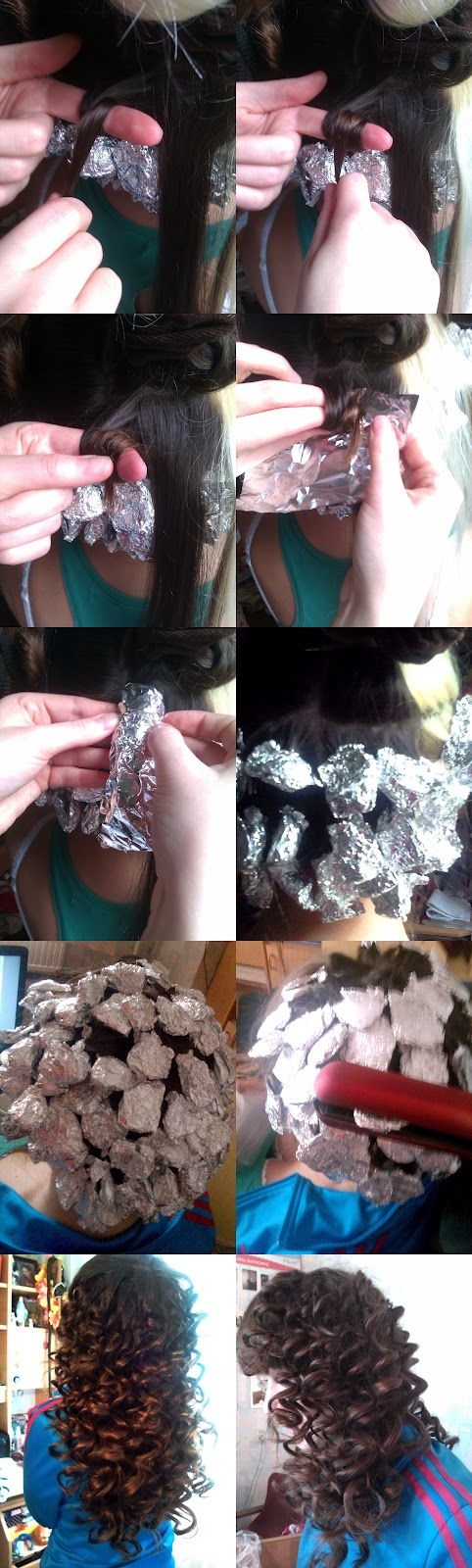 Coil your hair in sections, covering each with aluminum foil.  Use flat iron to
