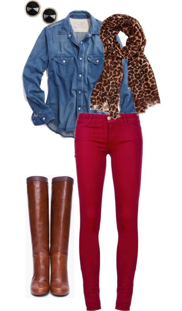 Colored skinnies, chambray, boots.