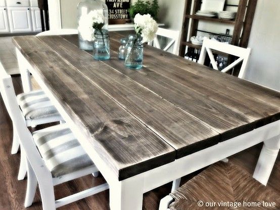 DIY Dining room table with 2×8 boards (4.75 each for $31.00) from Lowes This is