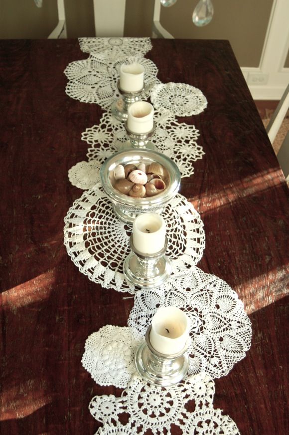 Doilies sewn together to make a table runner