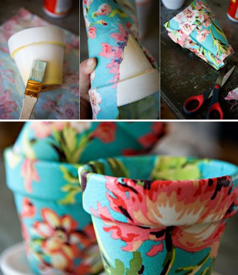 Fabric-Covered Pots Make Old New Again    Got old, ugly flower pots hanging arou