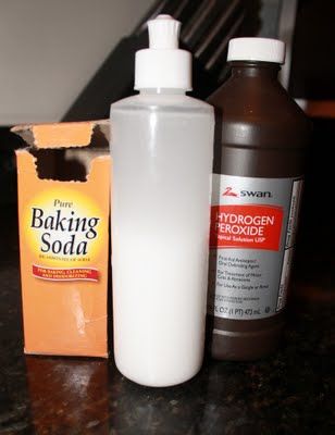 Fill a spray bottle with hydrogen peroxide and 1/2 handful of baking soda.  Shak