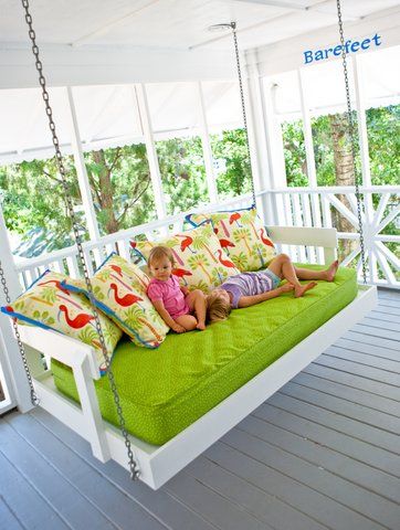 Great for left over baby mattress! I love this porch bed swing!