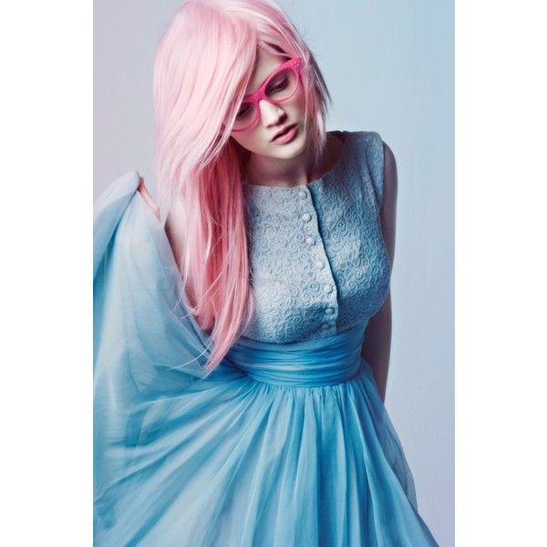 Hipster bride with pink hair and blue dress