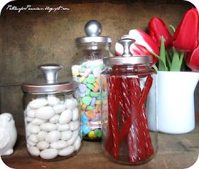 Jars made from spaghetti sauce jars–spray paint lid and add knob. Cool!