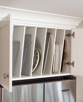 Over the fridge storage for platters, pans, cutting boards, cookie sheets, etc.