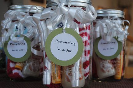 Pampering in a Jar – warm fuzzy socks, lip balm, hand lotion or bubble bath, and