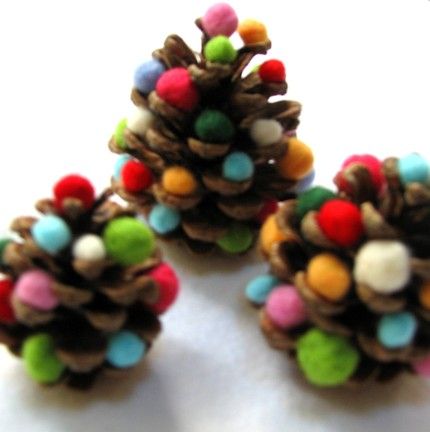 Pine cone Christmas trees – just glue on pom-poms.