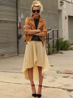 Pleated skirt + leather jacket