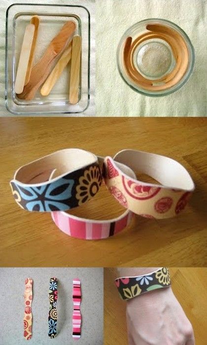 Popsicle stick bracelets: Soak in water for 3hrs and place in cup to dry. Modge