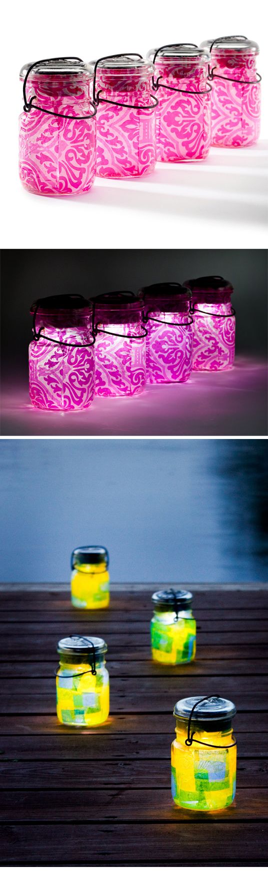 Put tissue paper in a mason jar, then a flameless candle (battery operated) and