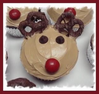 Reindeer Cupcakes – Red peanut butter M for the nose, Chocolate chips for the ey