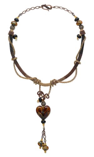 Single-Strand Necklace with Viking Knit Wire, Lampworked Glass Beads and Metal B