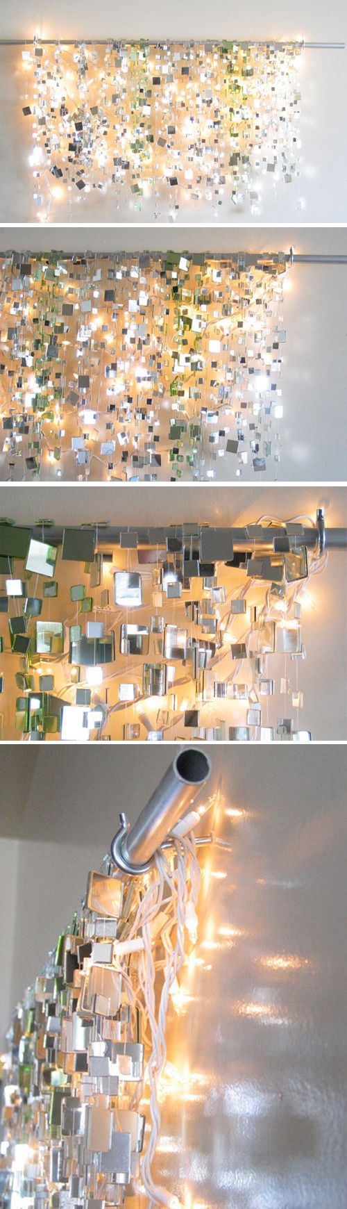 Small mirror tiles glued to fishing line with  lights behind. This is fantastic.
