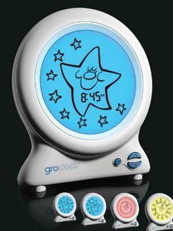 "Stay in bed until you see the sun!" This clock displays a sleepy star