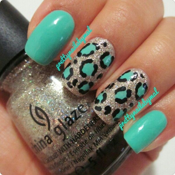 Teal leopard nails with silver glitter by Pretty Nails By Mal