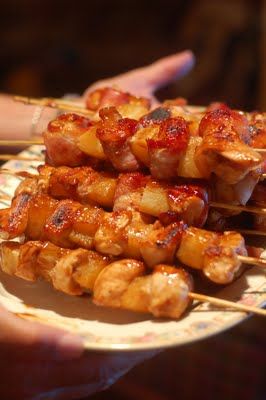 Teriyaki chicken/bacon/pineapple skewers — can be grilled or baked!