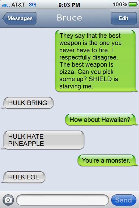 Texts From (Movie Characters) Last Night: Iron Man (Tony Stark) & Hulk (Bruce Ba