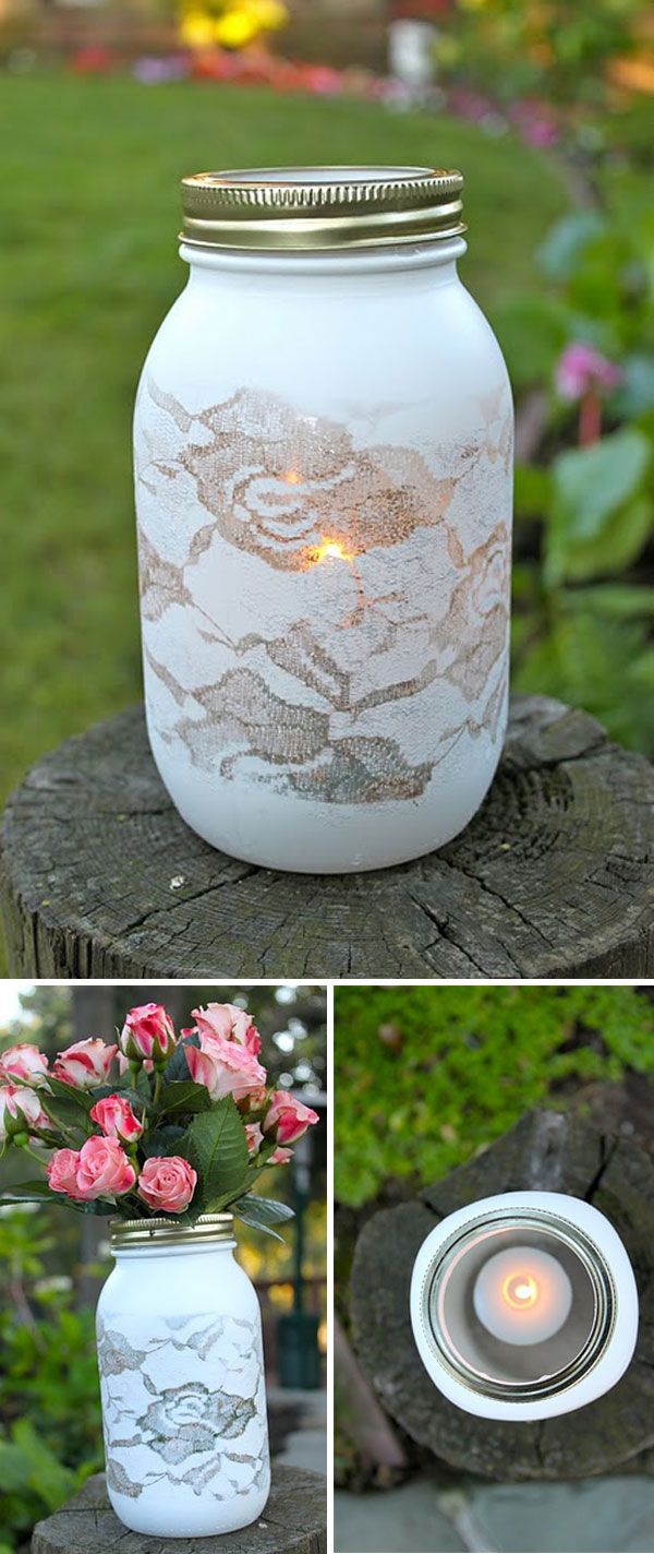 Wrap jar in lace, spray-paint, allow to dry, then remove lace.