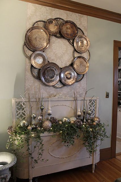 Wreath of silver plates. I love this for all year, very southern!