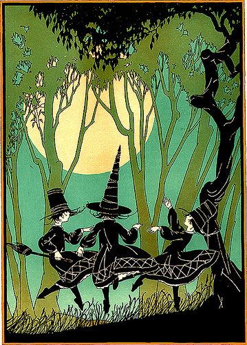 Young Witches Dancing Under the Full Moon–Vintage Halloween Child Life Ilustrat