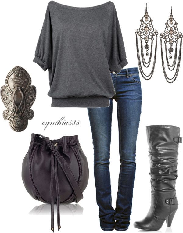 blue jeans, grey loose top, grey boots, accessories