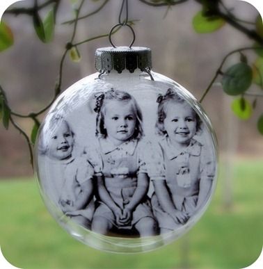 clear glass ornaments with old family photos.