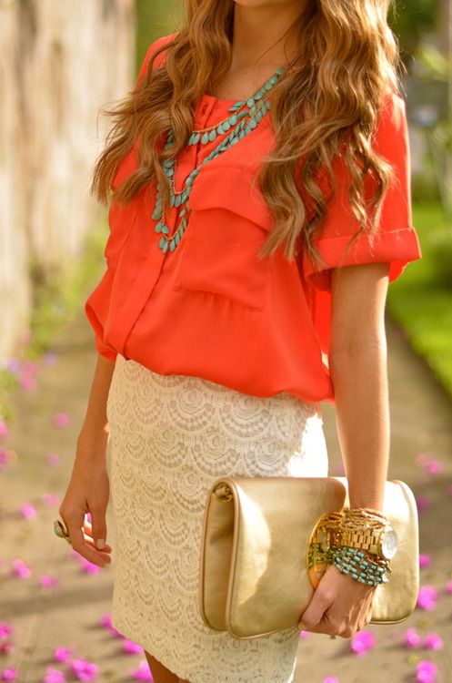 coral, gold, lace