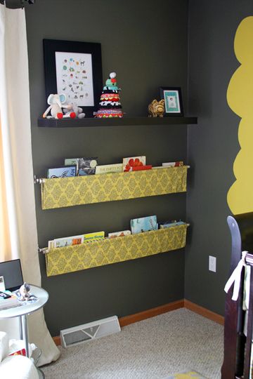 #fabric with curtain rod hanging book shelves