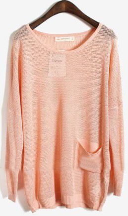 pink long sleeve batwing hollow pocket pullovers sweater — I just want this in