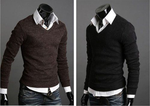 Ohoo Mens Slim Fit Light Weight V-Neck Pullover Sweater