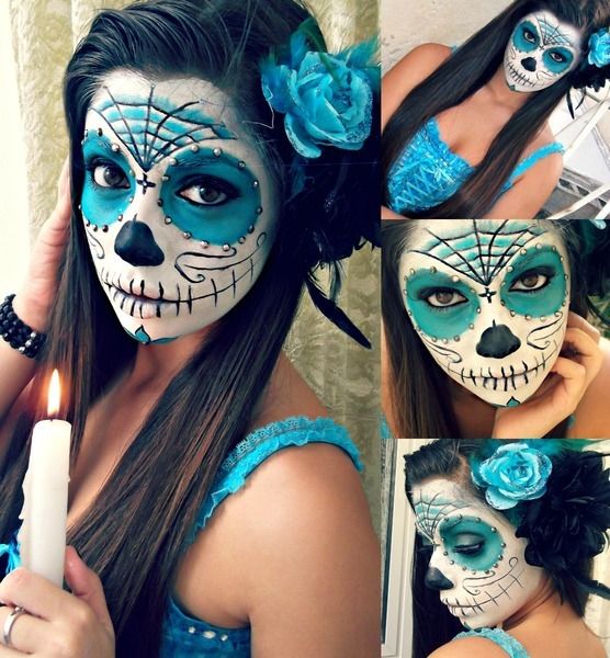 halloween sugar skull ideas pretty blue rose -   Halloween Makeup Ideas