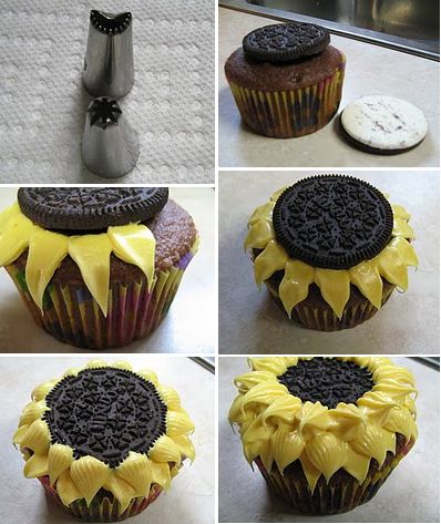 sunflower cupcakes- click on photo for tutorial. Looks pretty easy. :D