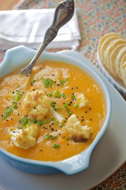 this soup has only five ingredients: cauliflower, sweet potatoes, onion, garlic,
