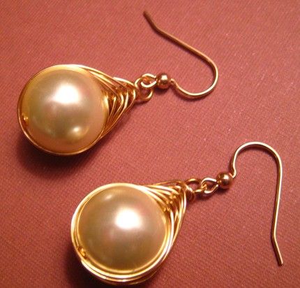Gold Herringbone Wire Wrap Pearl Drop Earrings -   wire wrap earrings