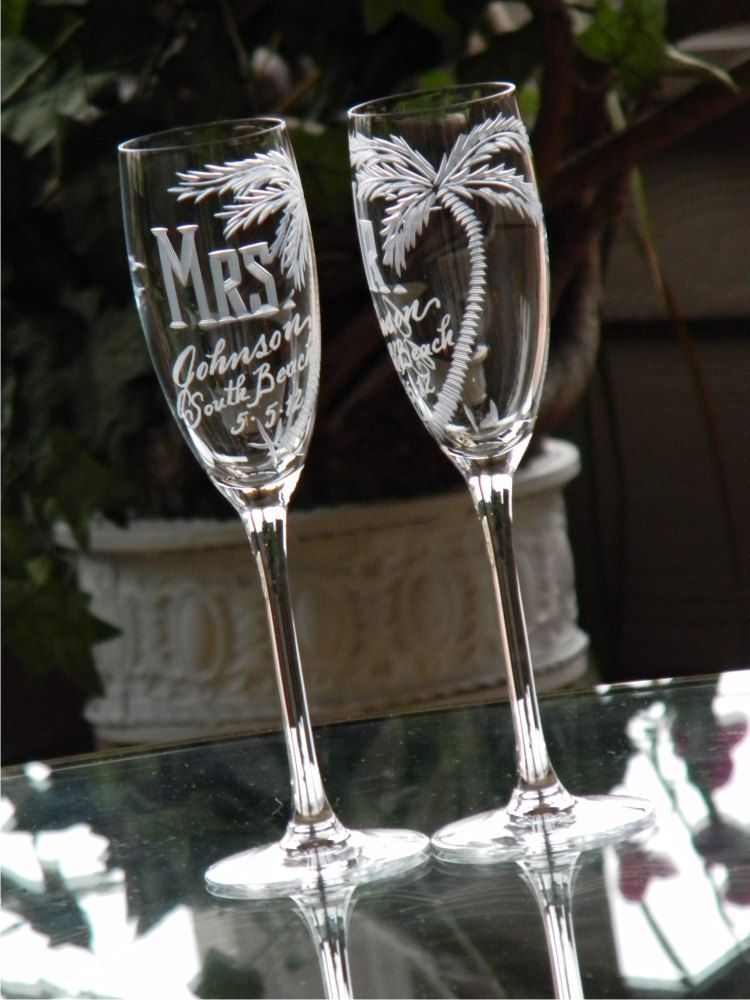 Beach Theme Destination Wedding Champagne Flutes. MR and MRS, palm tree and any