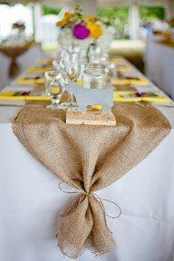 Burlap table runner – love the twine tied bow!