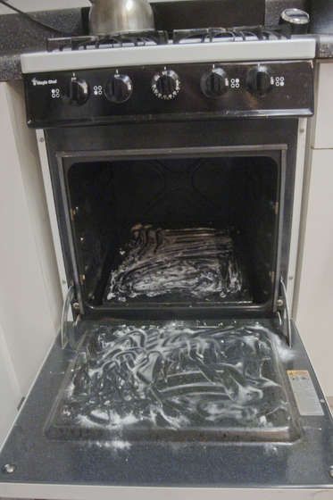 Clean your oven using only vinegar and baking soda. Makes oven look new…inside