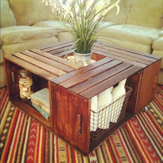 Crates (sold at Michaels), stained and nailed together to make a coffee table