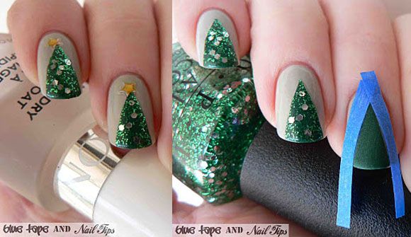 Cute Christmas Tree Manicure by Blue Tape & Nail Tips