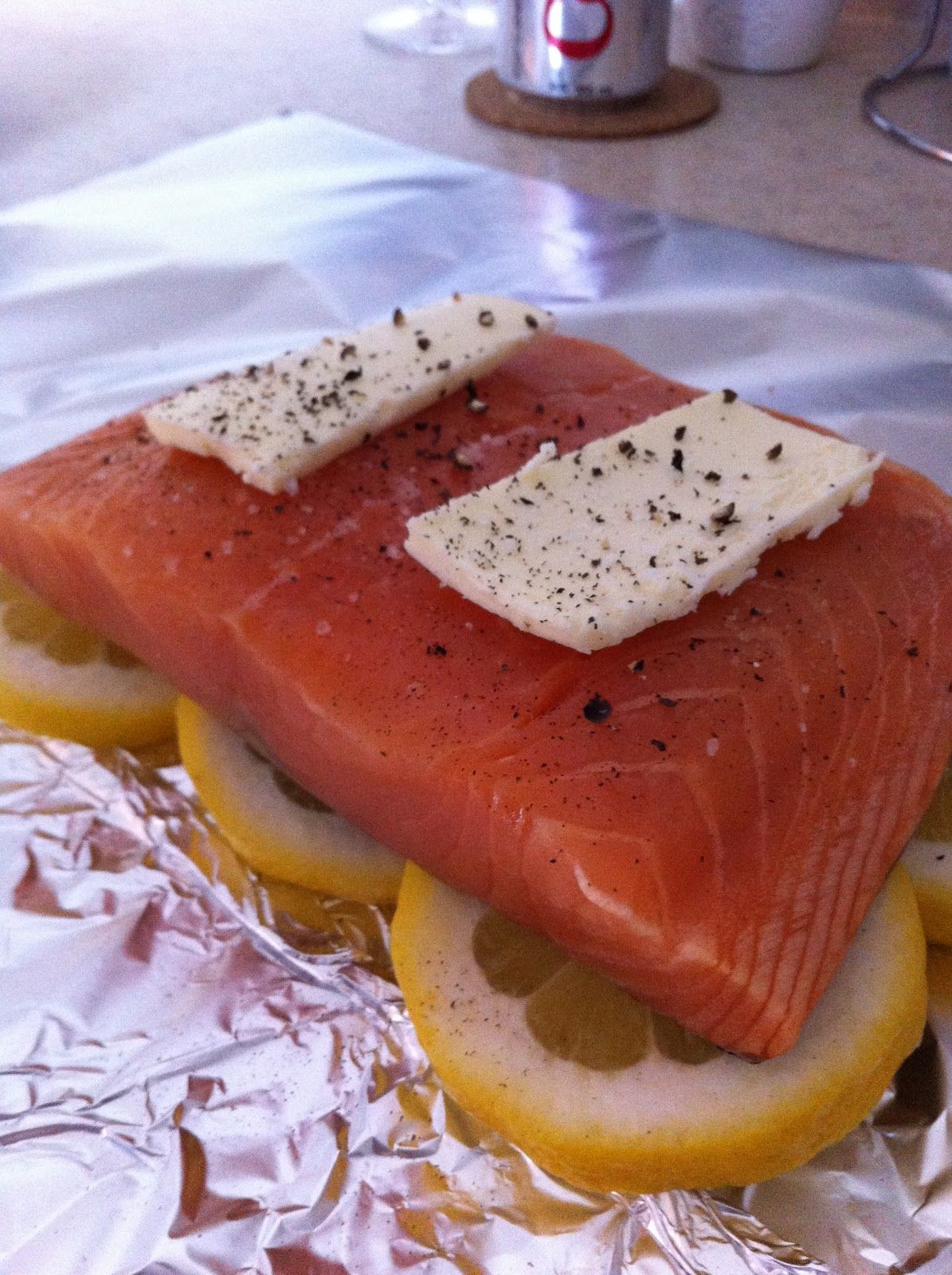 Easy dinner- Tin foil, lemon, salmon, butter, season – Wrap it up tightly