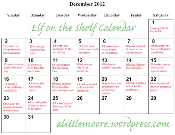 Elf on the Shelf ideas 2012 calendar