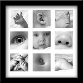Focus on the little details of a baby and make a framed photo collage.