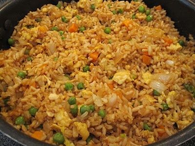 "Fried rice:  3 cups cooked white rice  3 tbs sesame oil  1 cup frozen peas